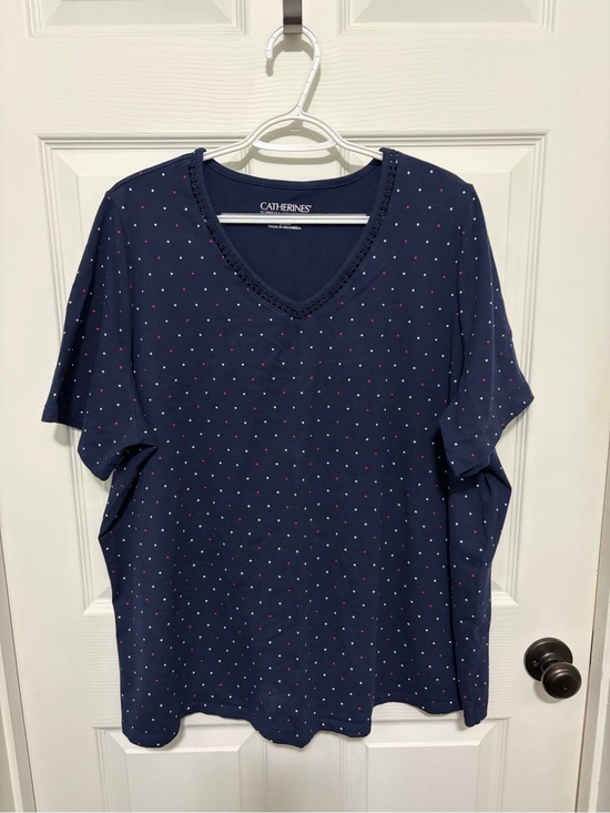 Catherines Tops - Catherines Navy V-Neck Short Sleeve Top with Red and White Dots